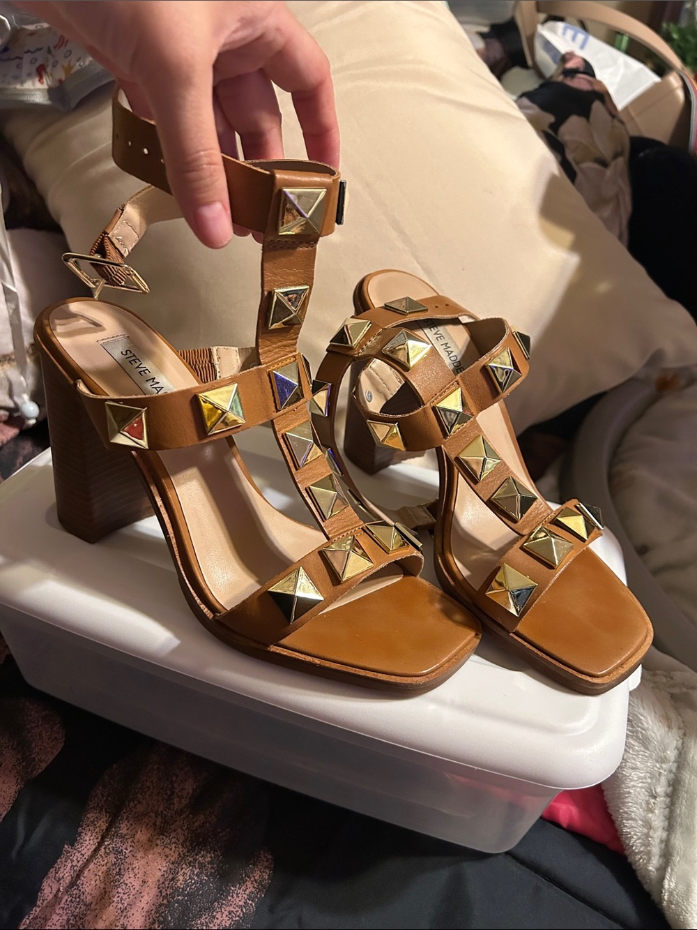 Steve Madden Tan Studded Block Heel Sandals